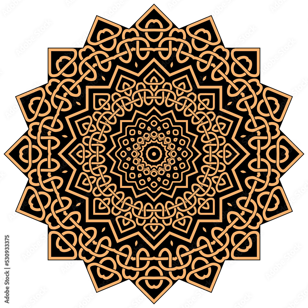Celtic braided mandala. Zigzag intricate line art pattern. Tribal ethnic traditional vector background. Fractal colorful zig zag pattern. Braided floral isolated lines ornament. Ornate mandala design