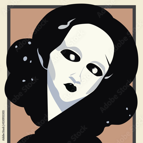 A vector portrait of a beautiful woman with curly hair and mysterious eyes, 1-to-1 square aspect ratio