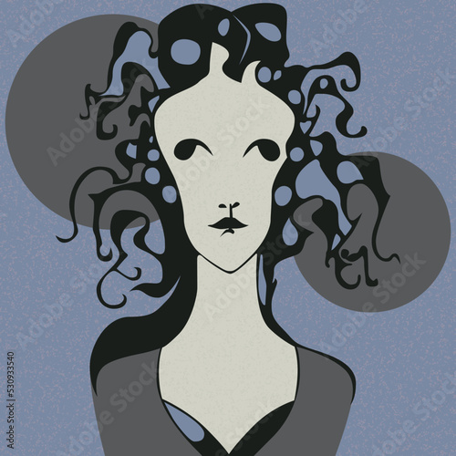 A vector illustration of a frazzled woman with messy hair and darkened eyes, 1-to-1 square aspect ratio