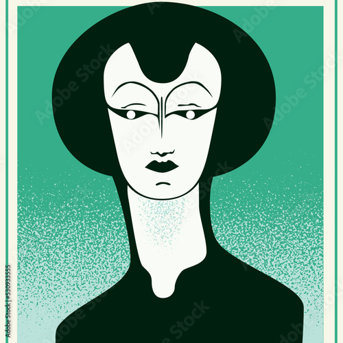 A vector illustration of a terse woman with tight hair and beady eyes, with a stern stare, 1-to-1 square aspect ratio