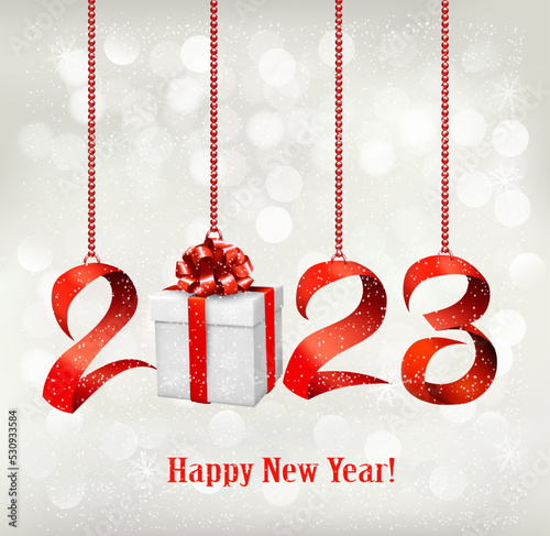2023 New Year background with gift box and red ribbons. Vector.