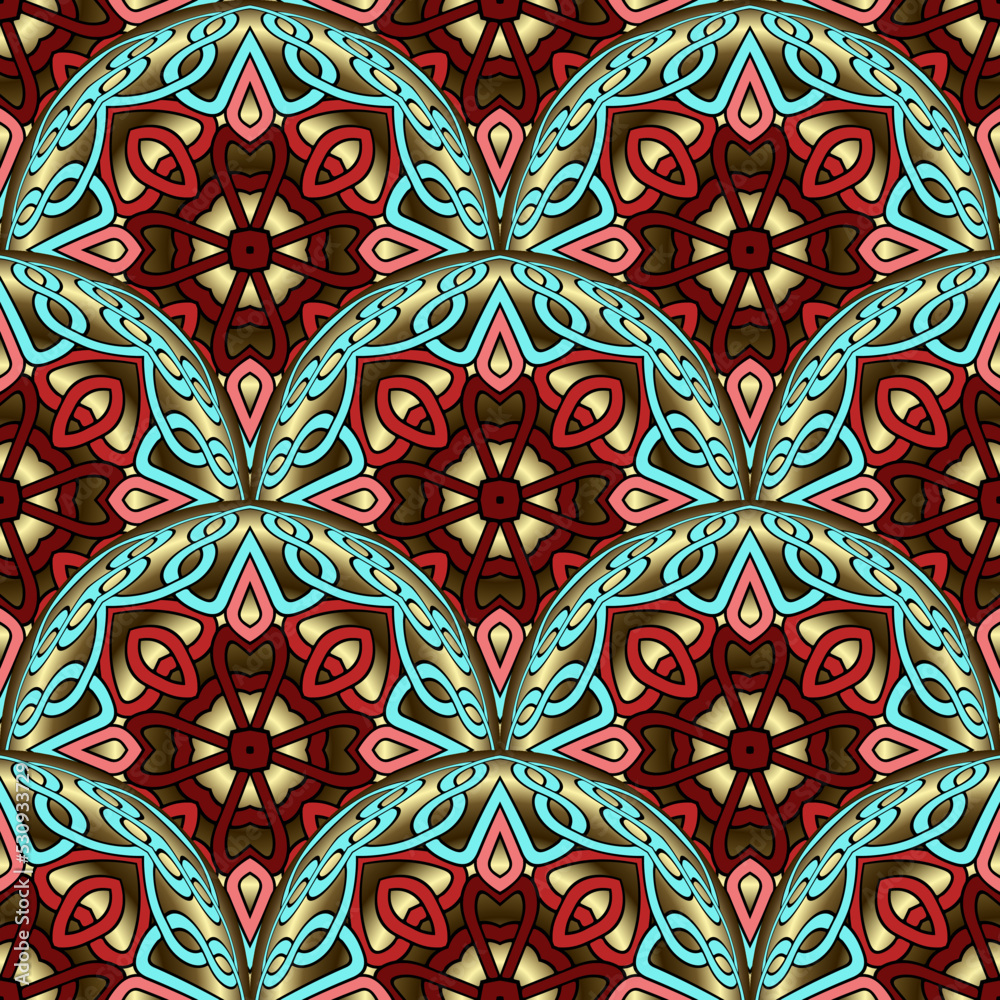 Floral mandalas seamless pattern. Tribal ethnic style traditional vector background. Colorful tiled flowers pattern.  Repeat round tiled mandalas ornament. Ornate beautiful geometric modern design