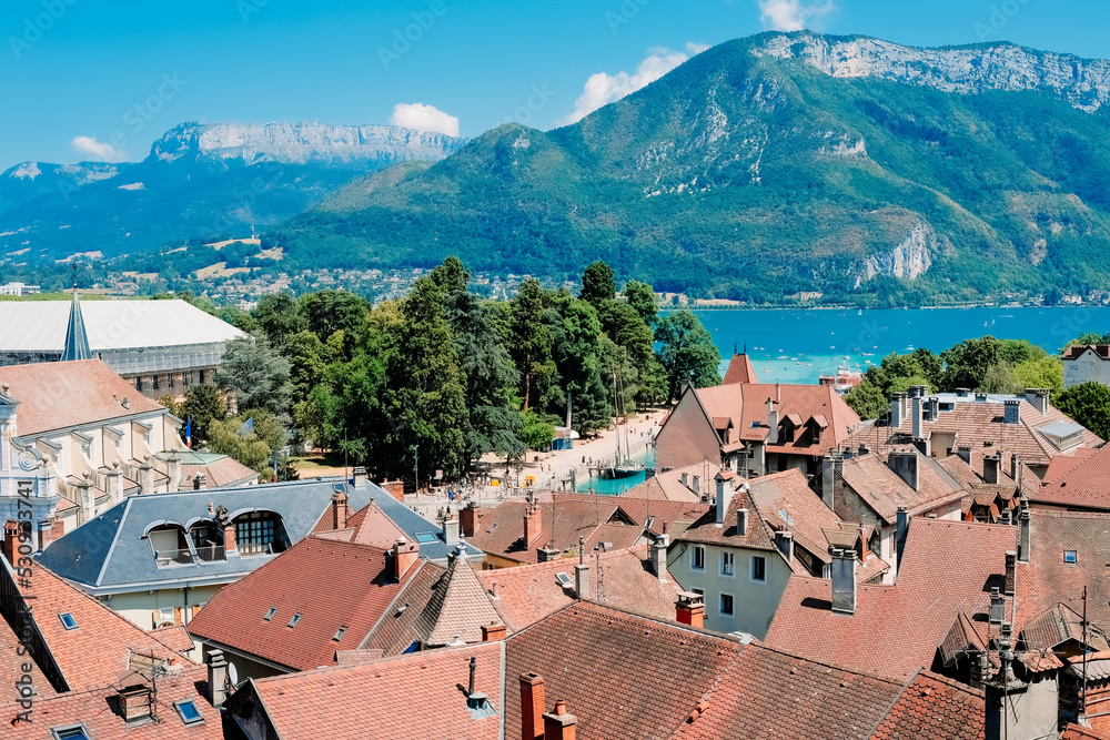 Views from above of the French city of Annecy on a sunny Sunday in summer.
