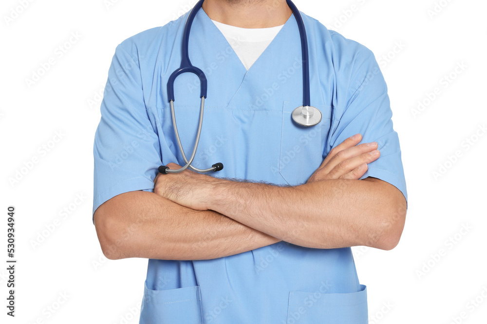 Doctor with stethoscope on white background, closeup Doctor with stethoscope on white background, closeup