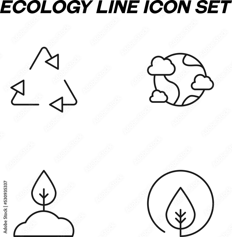Obraz premium Simple monochrome signs drawn with black thin line. Vector line icon set with symbols of recycle of waste, earth planet, tree, forest, ecology, nature