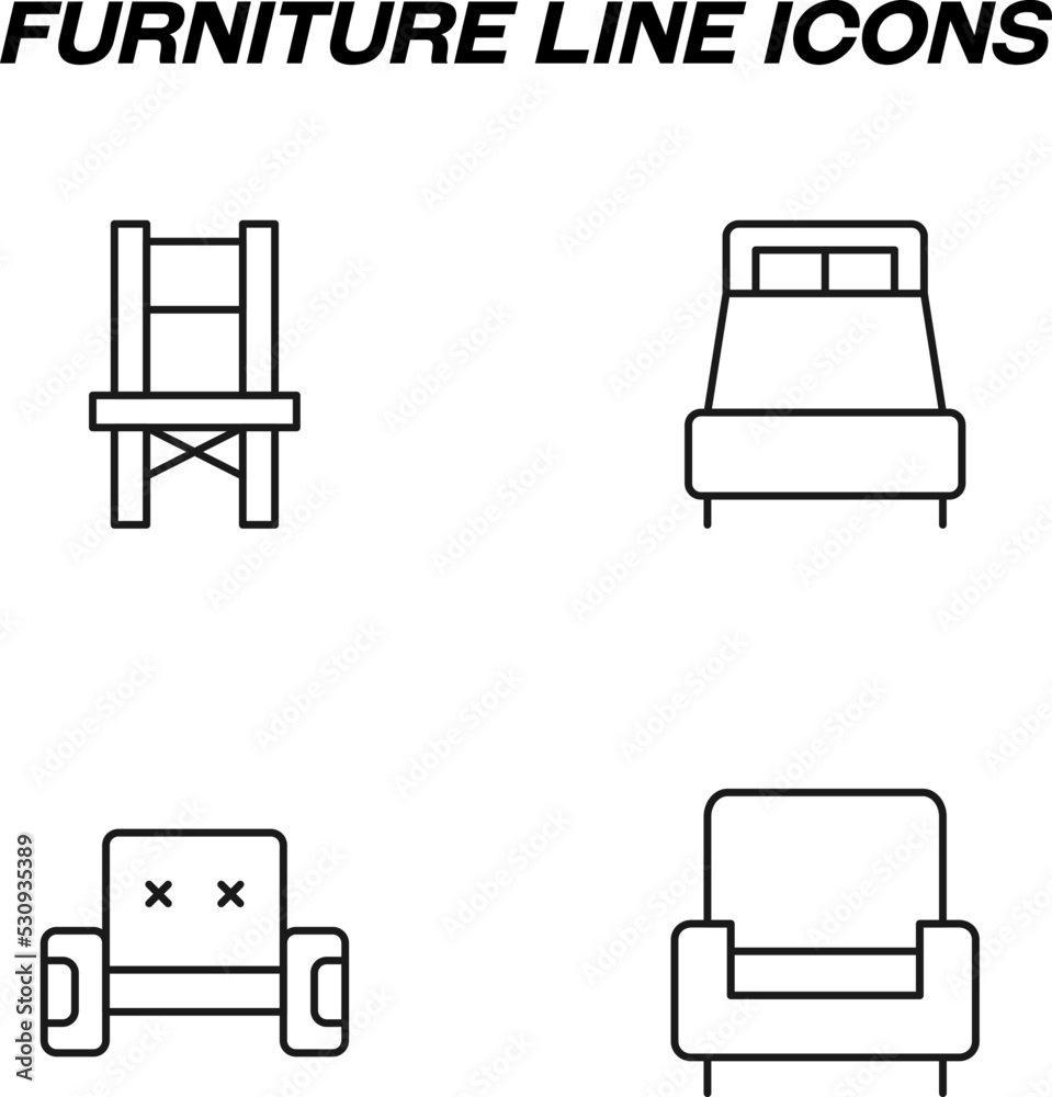 Simple monochrome signs drawn with black thin line. Vector line icon set with symbols of chair, bed, sofa, chair Simple monochrome signs drawn with black thin line. Vector line icon set with symbols of chair, bed, sofa, chair
