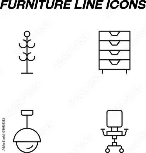 Simple monochrome signs drawn with black thin line. Vector line icon set with symbols of coat hanger, dresser, chandelier, lamp, office chair