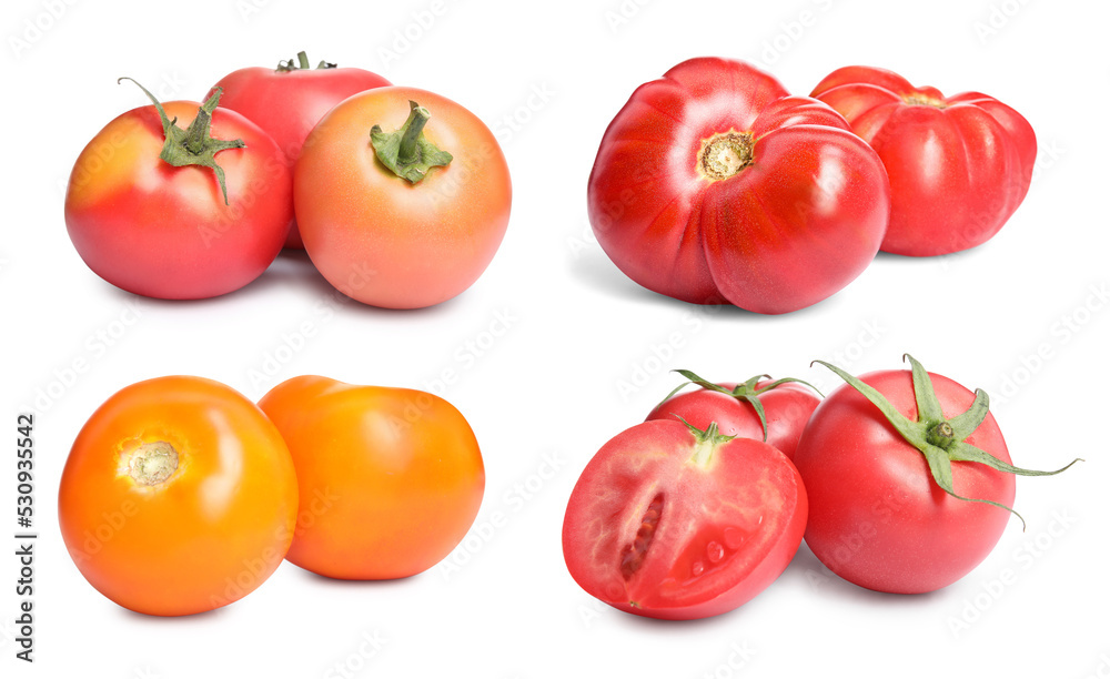 Set with different ripe tomatoes on white background Set with different ripe tomatoes on white background