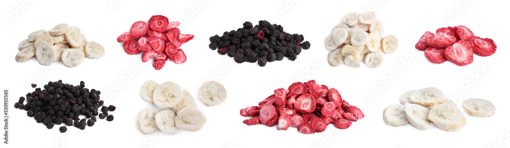 Set with different freeze dried berries and bananas on white background. Banner design Set with different freeze dried berries and bananas on white background. Banner design