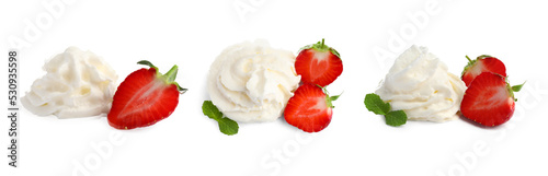 Set with delicious strawberries with whipped cream on white background. Banner design