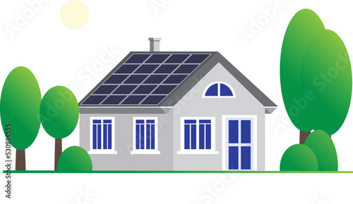 A house with solar panels on the roof on sunny day. A beautiful, modern house with garden, solar system. Great for energy-saving concepts. Isolated on white background. Place for text, copy space