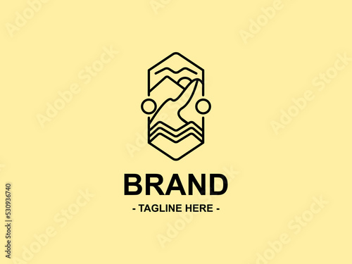 line art logo design depicting mountains, clouds, and water in it and surrounded by a frame suitable as a reference design and suitable as a logo for an agricultural company