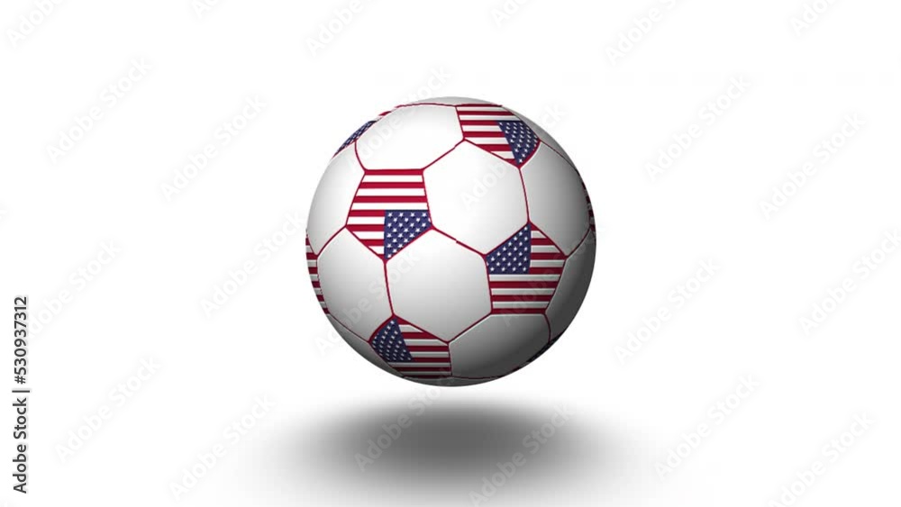 An animated football made of the United States of America flag spins and moves forward. Soccer ball animation white isolated and green background. 4K video. An animated football made of the United States of America flag spins and moves forward. Soccer ball animation white isolated and green background. 4K video.