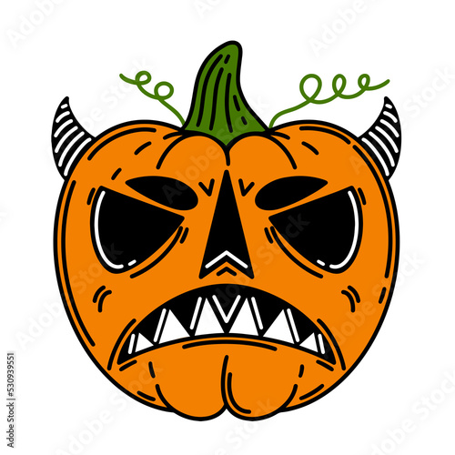 Halloween pumpkin vector icon. Jack lantern isolated on white. Scary creepy face on a vegetable. Demon with horns, terrible smile. Autumn holiday symbol.Flat cartoon clipart for cards, posters, print