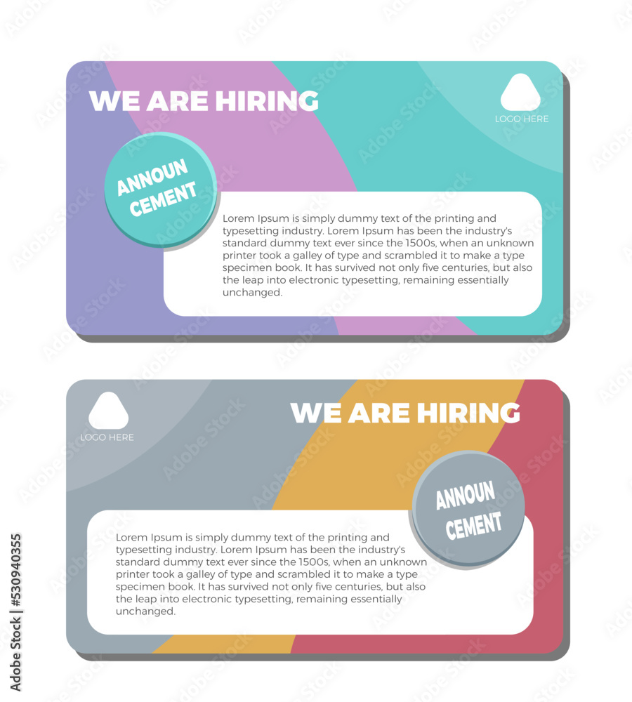 Hiring recruitment open vacancy design info label banner template. We are hiring announcement vector illustration isolated on set different background