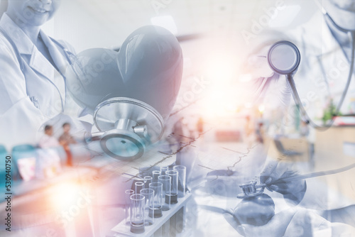 Double exposure Medicine doctor and health care.Health care with medical working in hospital.study,vaccine, rising growth.COVID-19. Photo Medical and technology concept.