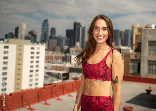 Young Los Angeles Yoga Student Practices on Downtown Rooftop