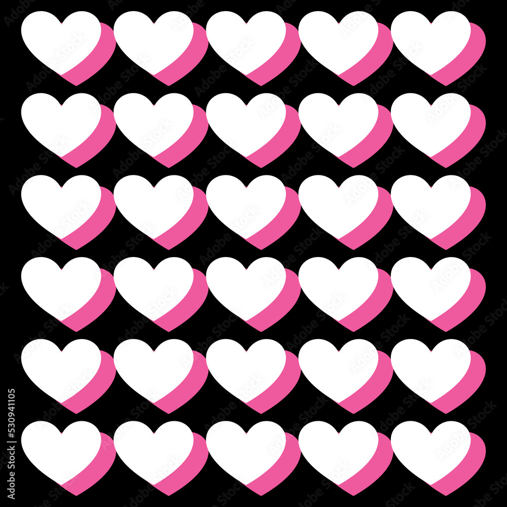 Pattern fabric hearts with pink shadow and black background fashion style.