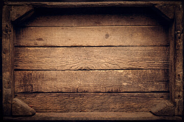 an empty wooden box in rustic style top view with a pronounced texture of aged wood
