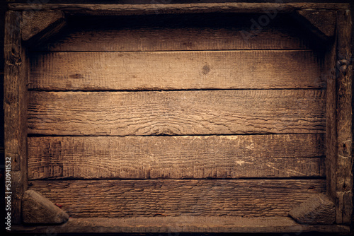 an empty wooden box in rustic style top view with a pronounced texture of aged wood