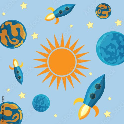 Сute space in light colors with rockets, planets, stars and sun