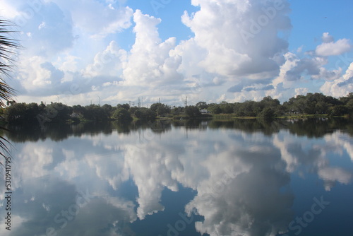 Wide shot of cloudscape reflection against the pond lake in the daytime