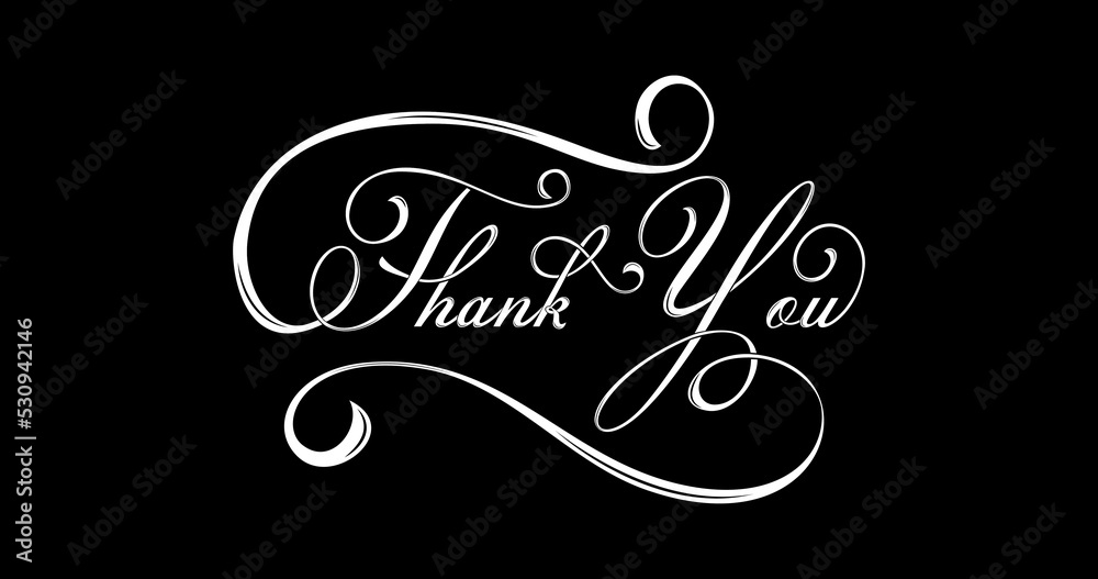 Thank You Calligraphy Handwritten with the brush in white color on the black background. Hand lettering is suitable for cards, banners, posters, stickers, packaging, and other suitable places.
