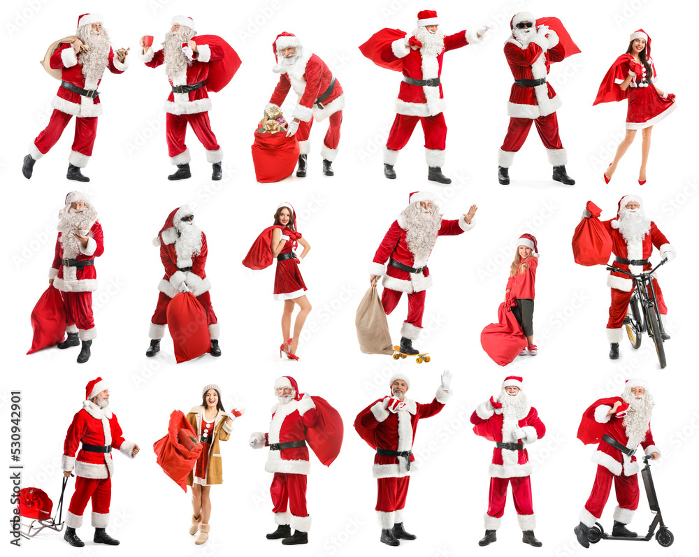 Set of people in Santa Claus costumes isolated on white