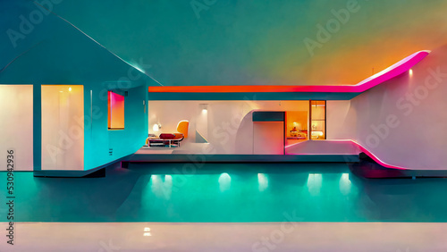 Abstract architectural concrete smooth interior of a minimalist house with color gradient neon lighting. 3D illustration and rendering 