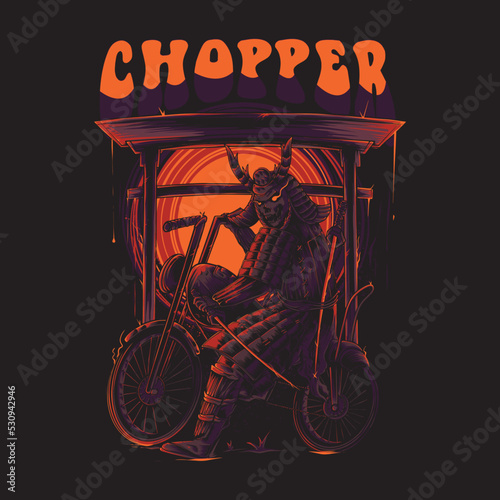 illustration of a samurai with a chopper motorbike