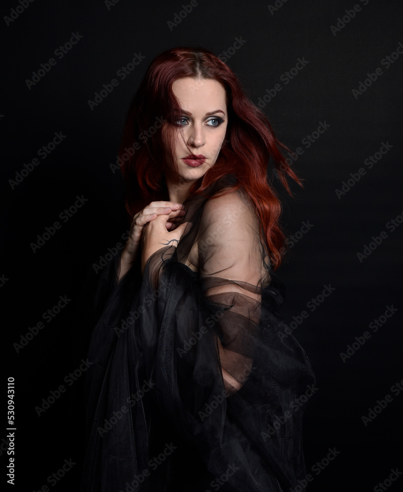 close up portrait of beautiful female model wearing black dress and dark veil like a widows shroud.  isolated on studio background with moody lighting.