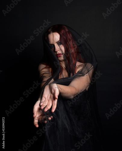 close up portrait of beautiful female model wearing black dress and dark veil like a widows shroud.  isolated on studio background with moody lighting.