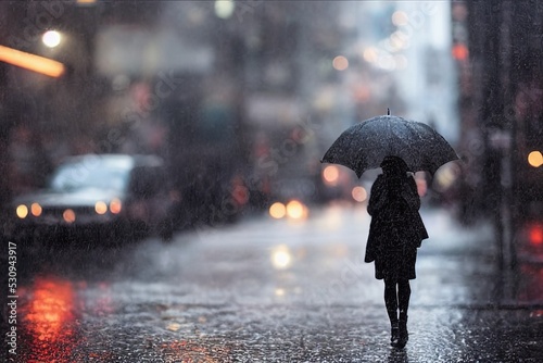 woman standing in nyc rain with umbrella illustration