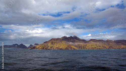 Mountains covered in lush vegetation near Jason Harbor, in South Georgia Island