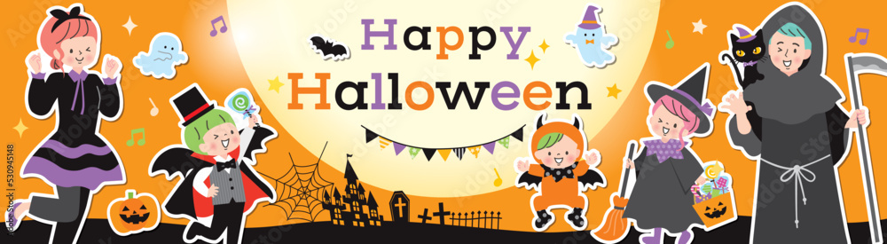 Fototapeta premium ハロウィンの仮装をした家族 バナー素材