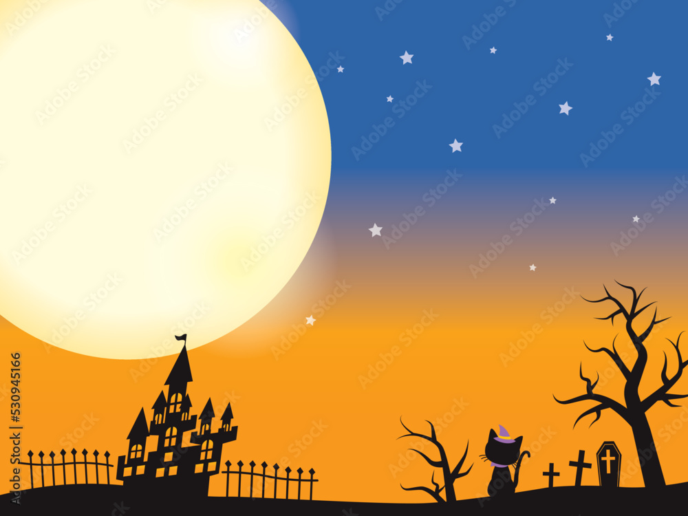 満月を見上げる黒猫とハロウインの夜空
