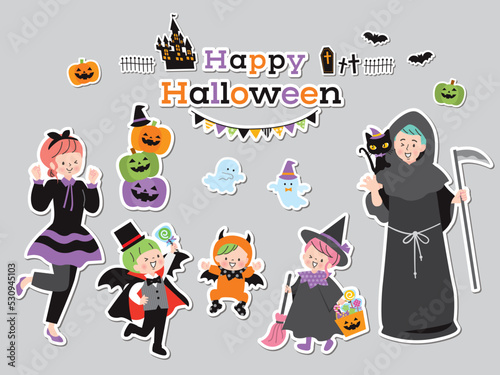 ハロウィンの仮装を楽しむ家族のイラストセット