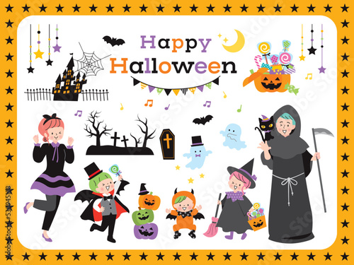 ハロウィンの仮装を楽しむ家族のイラストセット