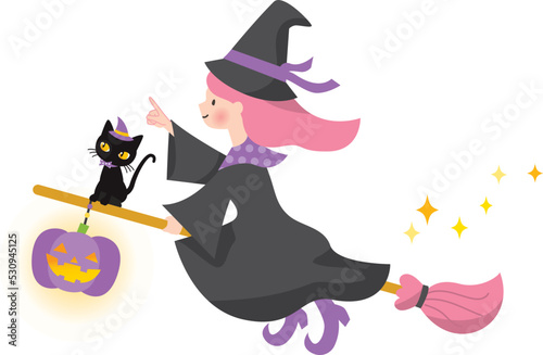 ハロウインに空飛ぶかわいい黒猫と魔女