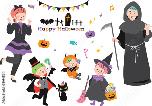 ハロウィンの仮装を楽しむ家族のイラストセット