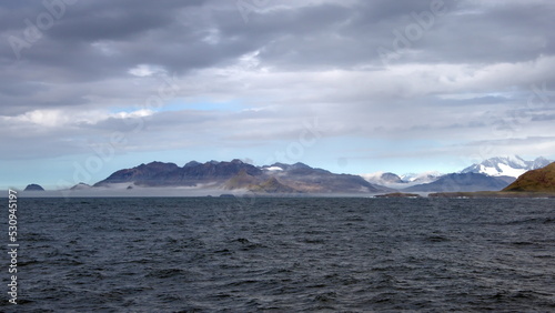 Mountains covered in lush vegetation near Jason Harbor, in South Georgia Island