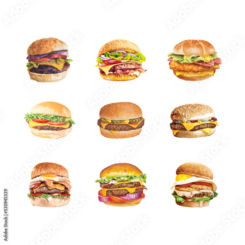 Set of hamburger in watercolor style vector illustration