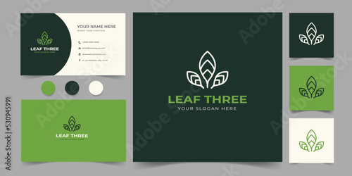 eco friendly leaf monoline logo and business card
