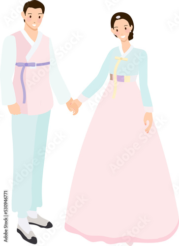 Korean couple in traditional dress for wedding or Chuseok flat style