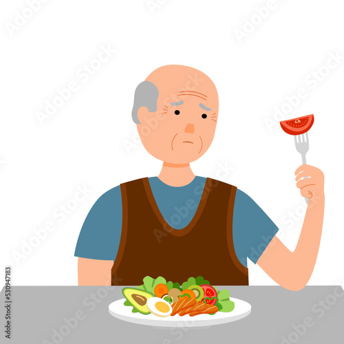 Senior man feel not hungry concept vector illustration on white background. Old man unable to eat. No appetite.