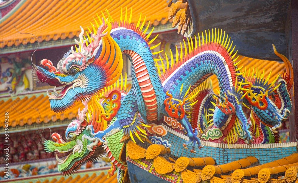 close-up of dragon sculpture on Chinese temple roof