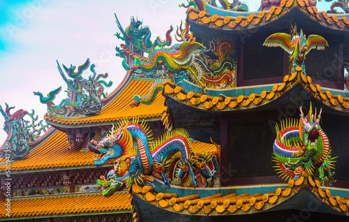 close-up of dragon sculpture on Chinese temple roof