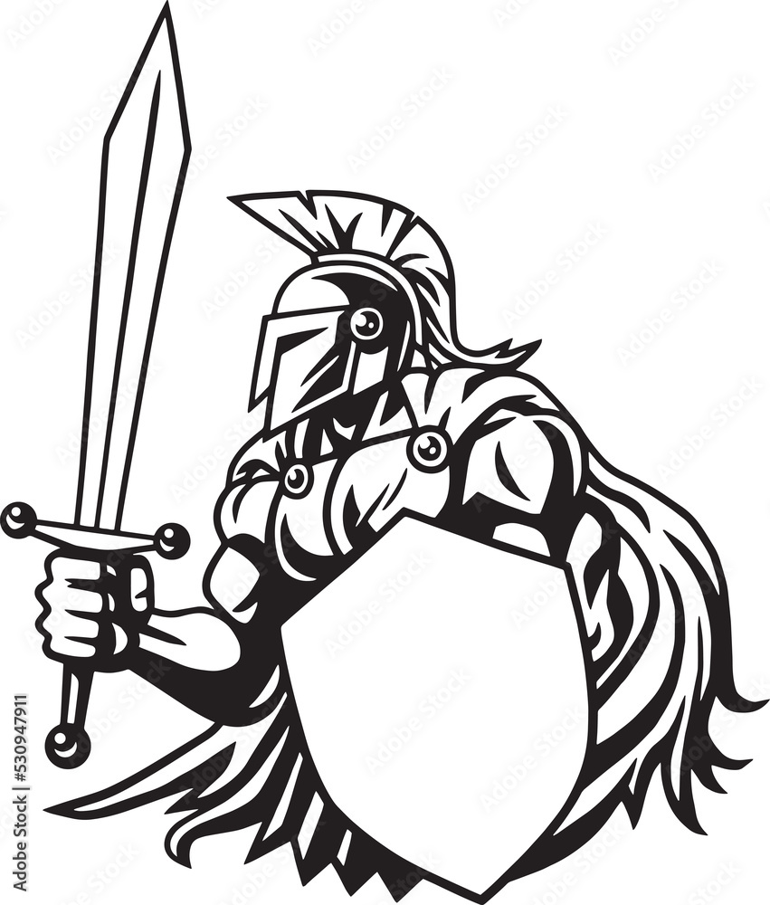 Spartan Warrior Logo Black and White Line Drawing Art Stock