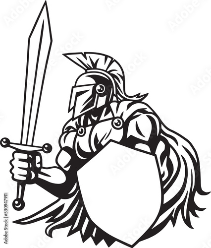 Spartan Warrior Logo Black and White Line Drawing Art 