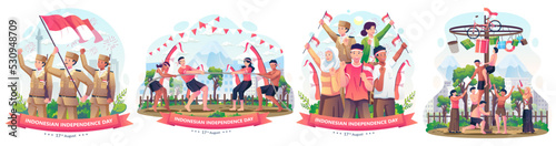 Set of People celebrate Indonesia's independence day on August 17th Illustration